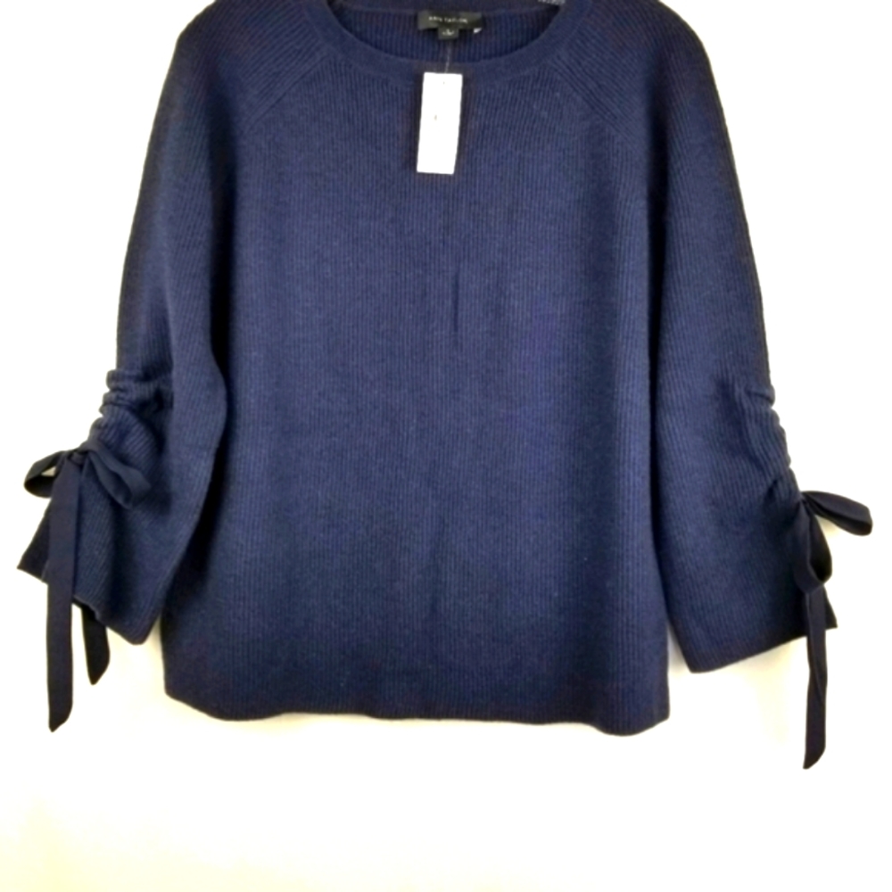 New Ann Taylor Navy Blue Wool Bow Tie Cuff Ribbed Sweater Size Small - Picture 2 of 11